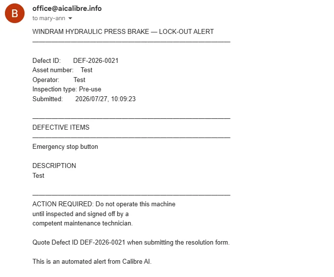 Automated lock-out alert email for a hydraulic press brake, listing the defect ID, defective item and the instruction not to operate the machine.